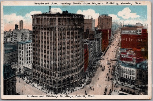 Postcard Detroit Michigan 1918 Woodward Ave Hudson Whitney Buildings *as is*