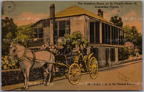 Postcard St. Augustine Florida c1941 Llambias House St. Francis St. Horse Buggy