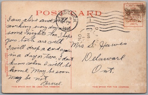 Postcard Split Ring Cancel c1910 Delaware Ontario