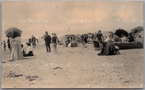 Postcard Holly Beach New Jersey 1909 Beach Scene Boats Umbrellas Bathers