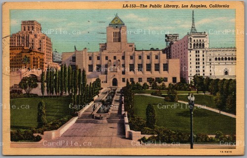 Postcard Los Angeles California 1947 The Public Library Postage Due to Canada