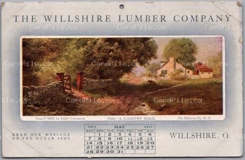 Postcard Willshire Ohio 1911 Willshire Lumber Co Calendar Advertisement *as is*