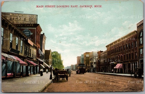Postcard Jackson Michigan c1910 Main Street Looking East Stern's Trolley *as is*