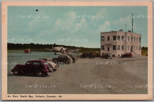 Postcard North Bay Ontario c1940s Air Port Airplane Old Cars Terminal Building