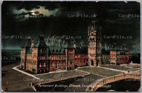 Postcard Ottawa Ontario c1909 Parliament Buildings Moonlight Split Ring Manotick