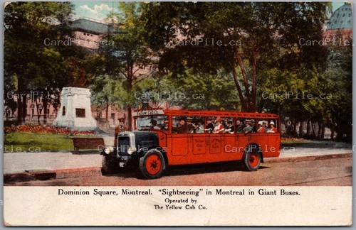 Postcard Montreal Quebec 1926 Dominion Square Sightseeing Yellow Cab Giant Buses