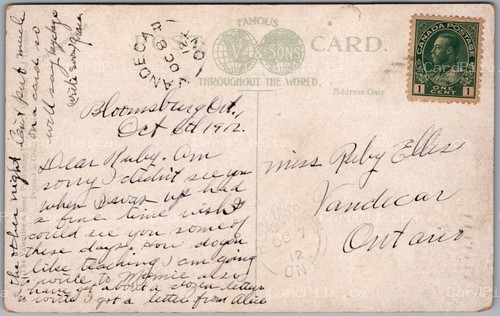 Postcard Split Ring Cancels Vandecar and Bloomsburg Ontario Bala Falls Muskoka