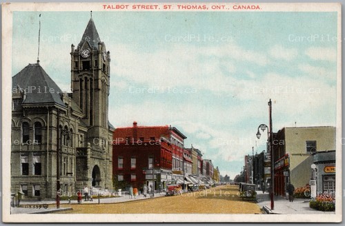 Postcard St. Thomas Ontario c1920s Talbot Street Clock Tower Old Cars Elgin Co.