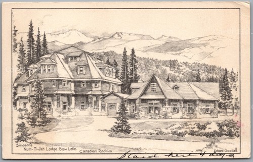 Postcard Bow Lake Alberta c1930s Simpson Nu-Jah Lodge by Edward Goodall
