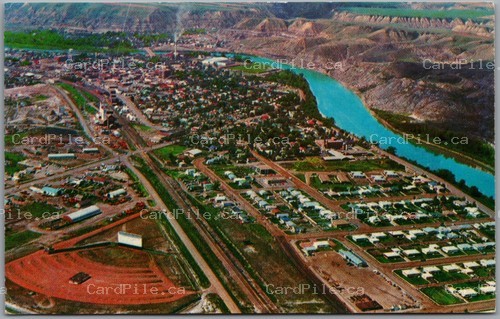 Postcard Drumheller Alberta Dinosaur City Aerial View Town Red Deer River
