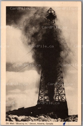 Postcard Devon Alberta c1940s Oil Well Blowing In Derrick