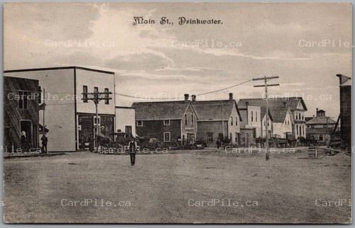 Postcard Drinkwater Saskatchewan c1912 Main Street Horse Carriages CDS Cancel