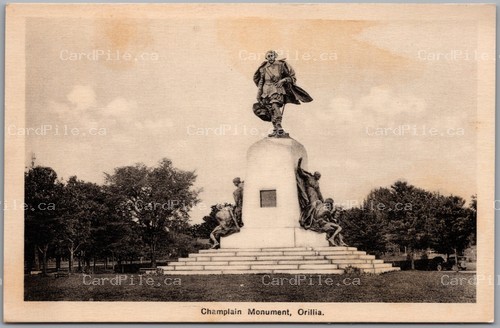 Postcard Orillia Ontario c1920s Champlain Monument Simcoe County Statue Park