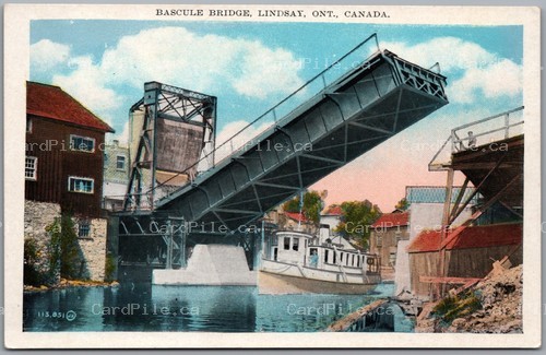 Postcard Lindsay Ontario c1920s Bascule Bridge Boat Victoria County