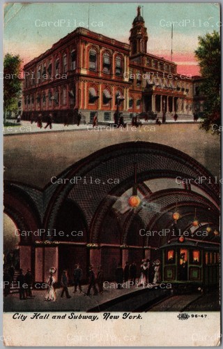 Postcard New York City NY 1909 City Hall and Subway Split Ring Camborne Ontario