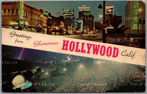 Postcard Hollywood California Vine Street Sunset Blvd Hollywood Bowl Dual View