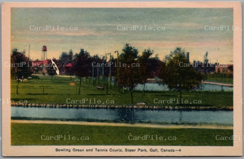 Postcard Galt Ontario c1930s Bowling Green Tennis Courts Soper Park Waterloo