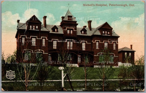 Postcard Peterborough Ontario 1908 Nicholl's Hospital Split Ring Lakefield ONT