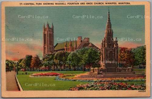 Postcard Winnipeg Manitoba c1950 Central Park Waddell Fountain Knox Church