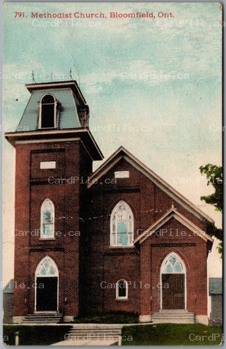 Postcard Bloomfield Ontario 1910 Methodist Church Split Ring Cancels Camborne