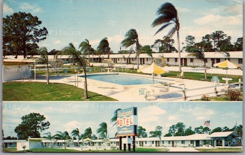 Postcard Sarasota Florida c1973 Restwood Motel Pool Shuffleboard Dual View