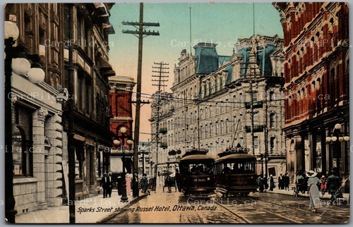 Postcard Ottawa Ontario c1910 Sparks Street Russel Hotel Street Cars Trolleys
