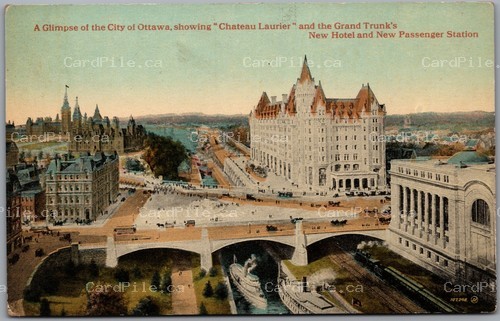 Postcard Ottawa Ontario c1912 Chateau Laurier Grand Trunk Hotel Station