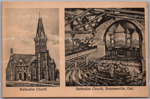 Postcard Bowmanville Ontario c1910s Methodist Church Interior Organ Dual View