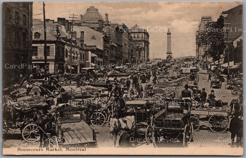 Postcard Montreal Quebec 1909 Bonsecours Market Horse Carts Nelson Monument