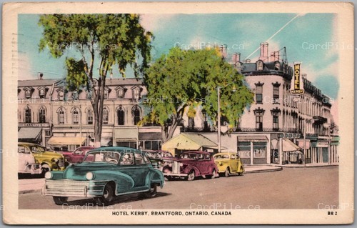 Postcard Brantford Ontario 1952 Hotel Kerby Street View Old Cars Brant County