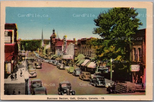 Postcard Galt Ontario Business Section Palace Theatre Old Cars Coke Waterloo