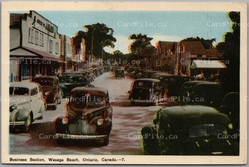 Postcard Wasaga Beach Ontario c1940s Business Section Street View Old Cars
