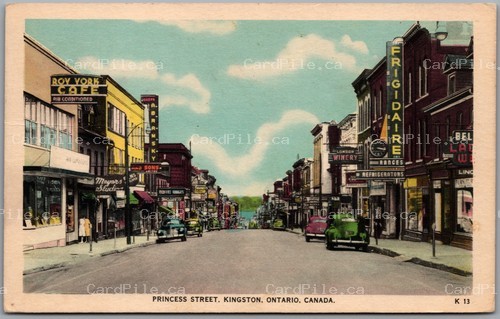 Postcard Kingston Ontario 1952 Princess Street Cafe Old Cars Store Fronts