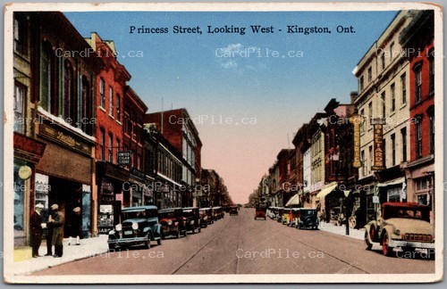 Postcard Kingston Ontario c1920s Princess Street Looking West Old Cars Billiards