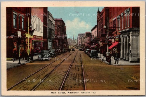 Postcard Kitchener Ontario c1940s Main Street Old Cars Street Car Tracks Shops