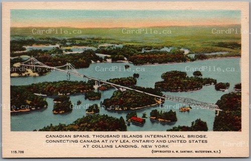 Postcard Ivy Lea Ontario c1940s Thousand Islands International Bridge Aerial