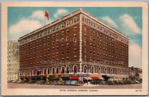 Postcard London Ontario c1955 Hotel London Old Cars Flags Western Fair Cancel