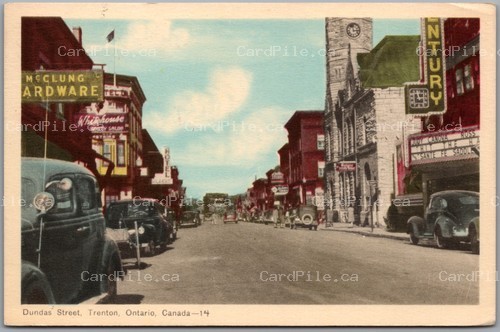 Postcard Trenton Ontario c1940s Dundas Street Century Theatre Old Cars Hastings
