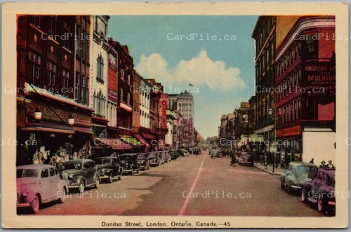 Postcard London Ontario c1940s Dundas Street Old Cars Storefronts Signs