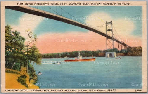 Postcard Thousand Islands Ontario c1938 International Bridge US Navy Vessel