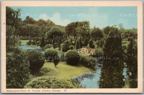 Postcard St. Thomas Ontario c1930s Waterworks Park Bridge Creek Scenic View