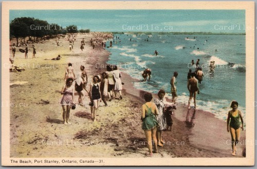 Postcard Port Stanley Ontario c1940s The Beach Swimmers Lake Erie Elgin County