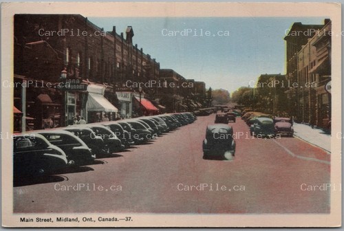 Postcard Midland Ontario c1940s Main Street Old Cars Restaurant Store Fronts
