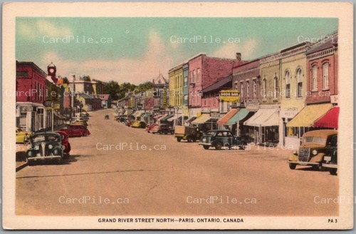 Postcard Paris Ontario c1940s Grand River Street North Old Cars Soda Bar Shops