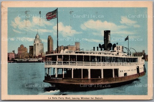 Postcard Windsor Ontario 1940 La Salle Ferry Boat Leaving for Detroit