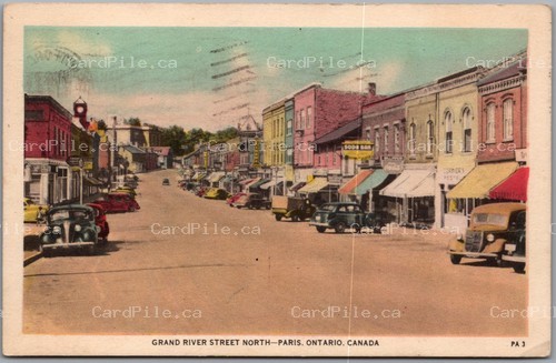 Postcard Paris Ontario 1951 Grand River Street North Old Cars Soda Bar