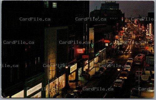 Postcard Kitchener Ontario c1960s King Street West from Queen Street Night View