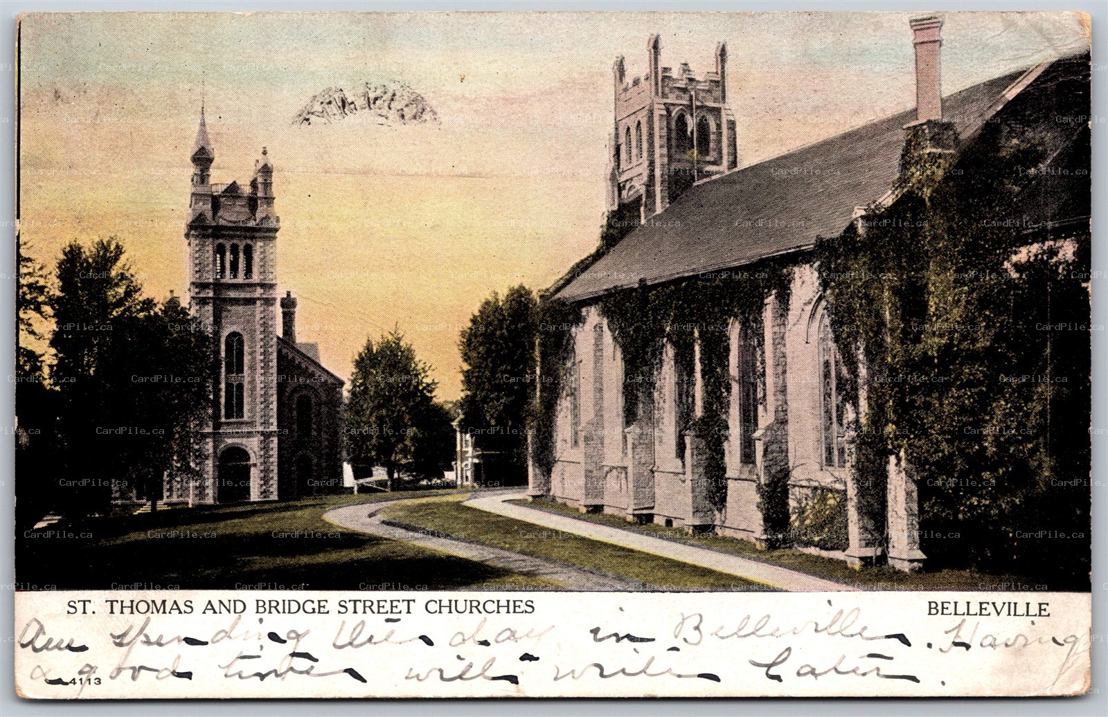 Postcard Belleville ONT 1907 St. Thomas & Bridge St. Churches Split Ring Selby