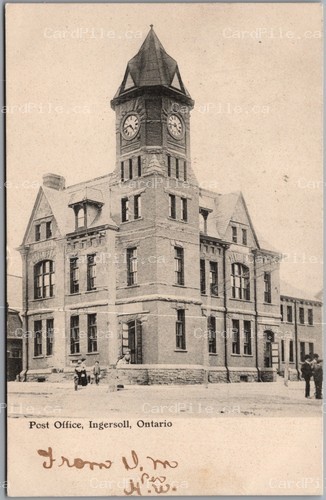 Postcard Ingersoll Ontario 1907 Post Office Clock Tower Oxford County as is