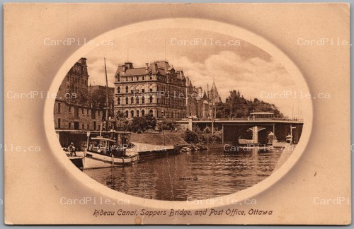 Postcard Ottawa Ontario c1910 Rideau Canal Sappers Bridge Post Office Boat